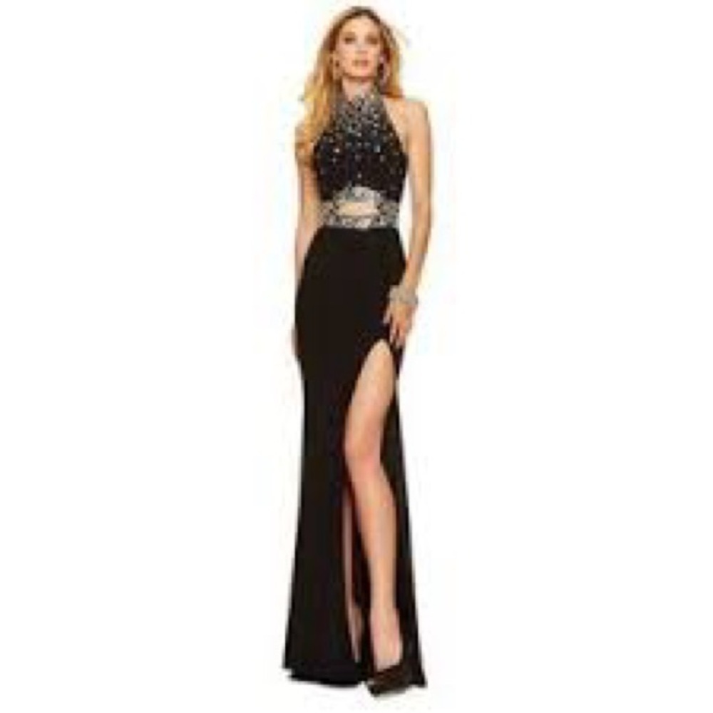 MORO LEE Black Embellished Halter Gown Cutout Maxi Dress Train Size 1‎ 2 Party 0